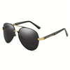 A pair of black sunglasses with gold accents and a rectangular frame.