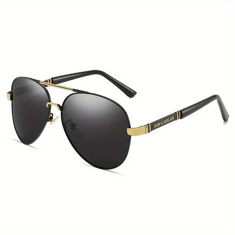A pair of black sunglasses with gold accents and a rectangular frame.