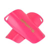 A bright pink durable soccer shin guard for a child, shown from the side.