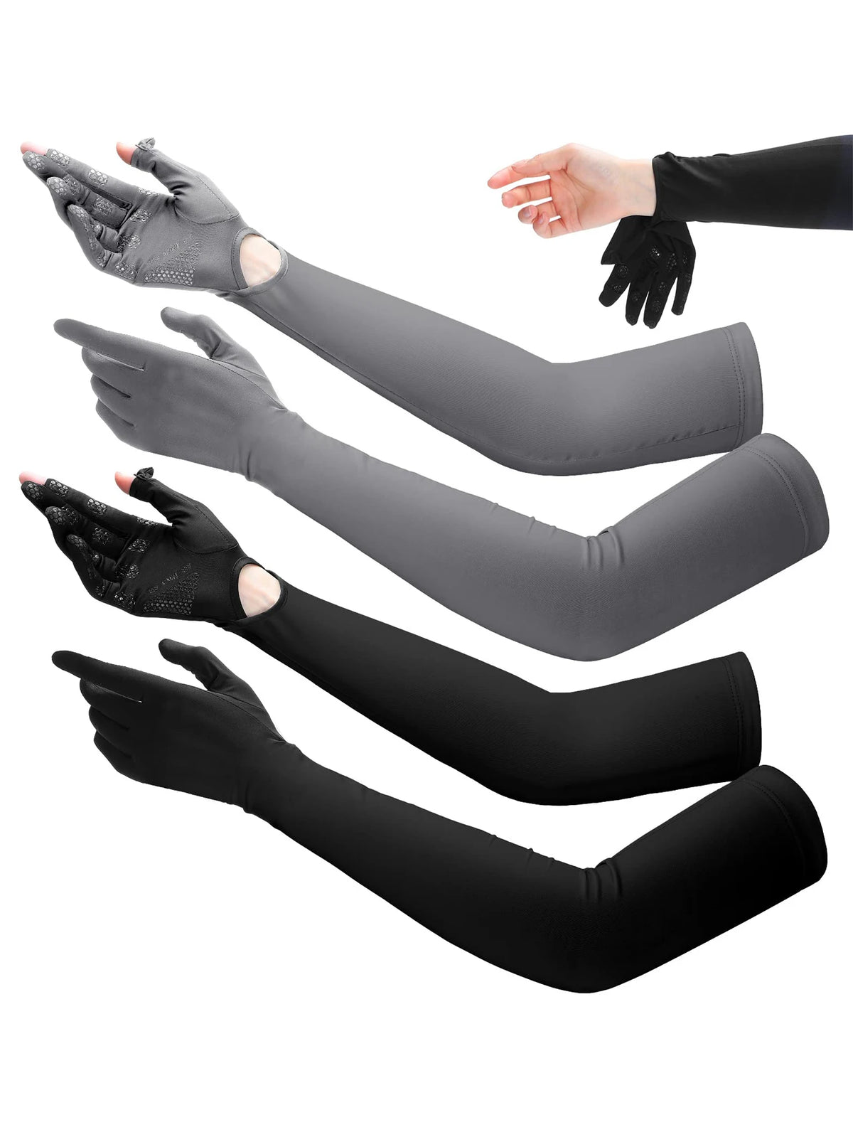 Un juego de mangas elásticas de protección UV negro y gris para ciclismo y uso al aire libre, mostradas en una mano y brazo.