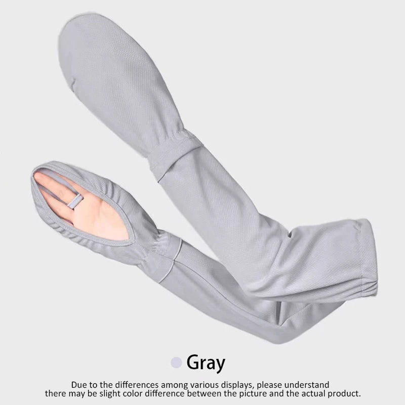 A pair of light gray ice silk cooling arm sleeves shown flat, demonstrating the fit and design.