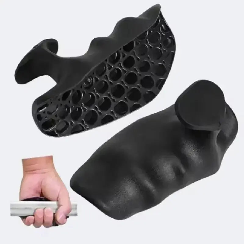 A black silicone gym and weightlifting grip glove is shown next to a hand.