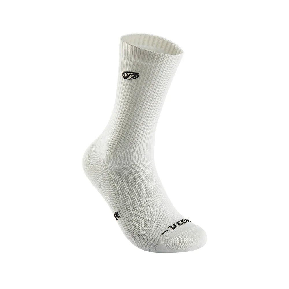 A white athletic running sock with arch support visible from the side.
