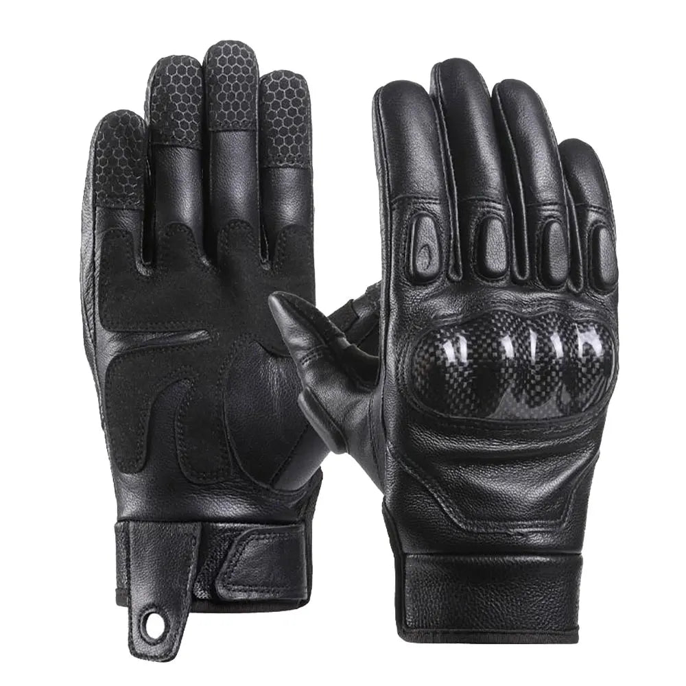 A pair of black vintage leather motorcycle riding gloves shown against a white background.