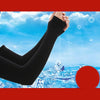 Black ice silk arm sleeves being held against a bright blue sky with floating bubbles.