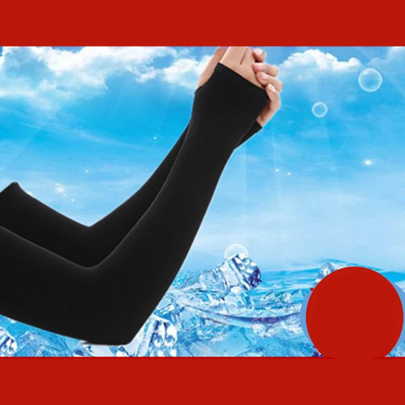 Black ice silk arm sleeves being held against a bright blue sky with floating bubbles.