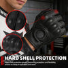 Close-up of black hard shell protective riding gloves showing texture and design details.