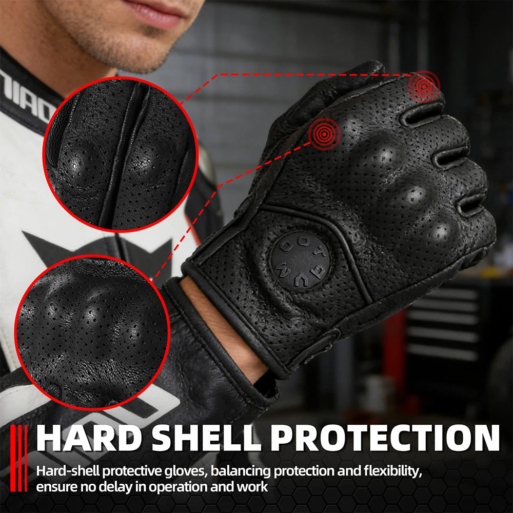 Close-up of black hard shell protective riding gloves showing texture and design details.