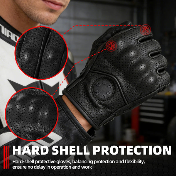 Close-up of black hard shell protective riding gloves showing texture and design details.