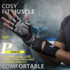 A hand wearing black and gray heavy duty weightlifting gloves is shown against a blurred background.
