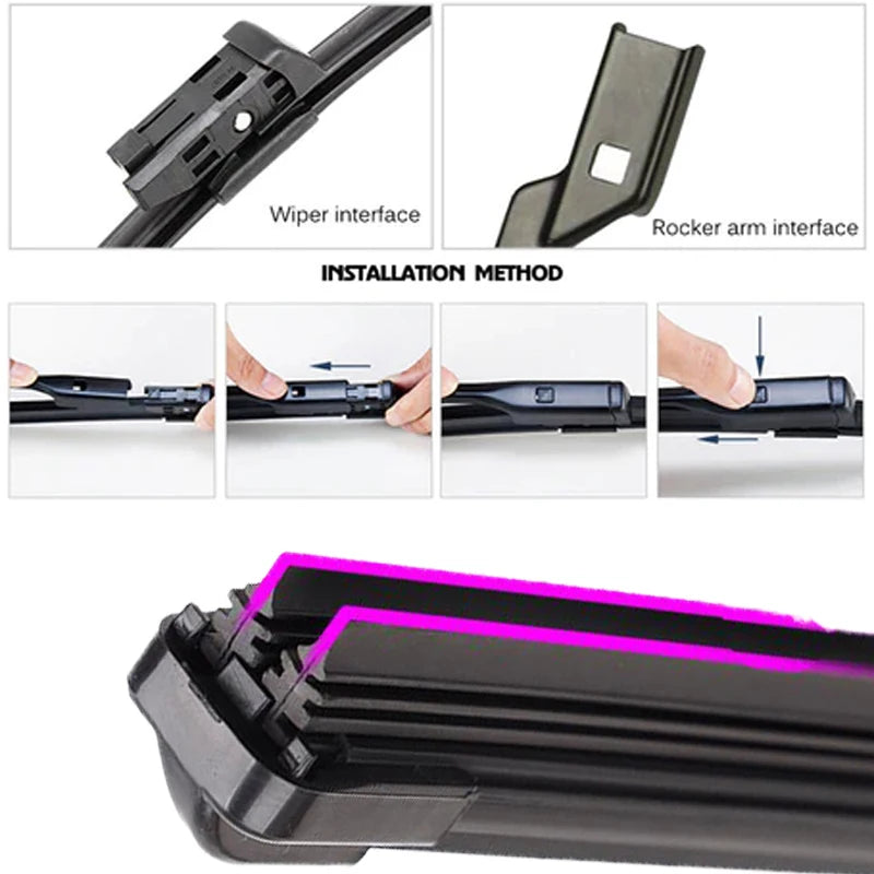 Installation method showing how to attach a wiper arm interface and wiper interface to a car windshield.