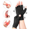 Black copper compression wrist support gloves shown with close-ups demonstrating joint relief and application.