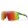 A pair of orange-tinted cycling sunglasses with a green patterned arm, shown from the side.