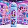 A light blue cartoon character water bottle with a strap, displayed in a brightly lit studio setting.