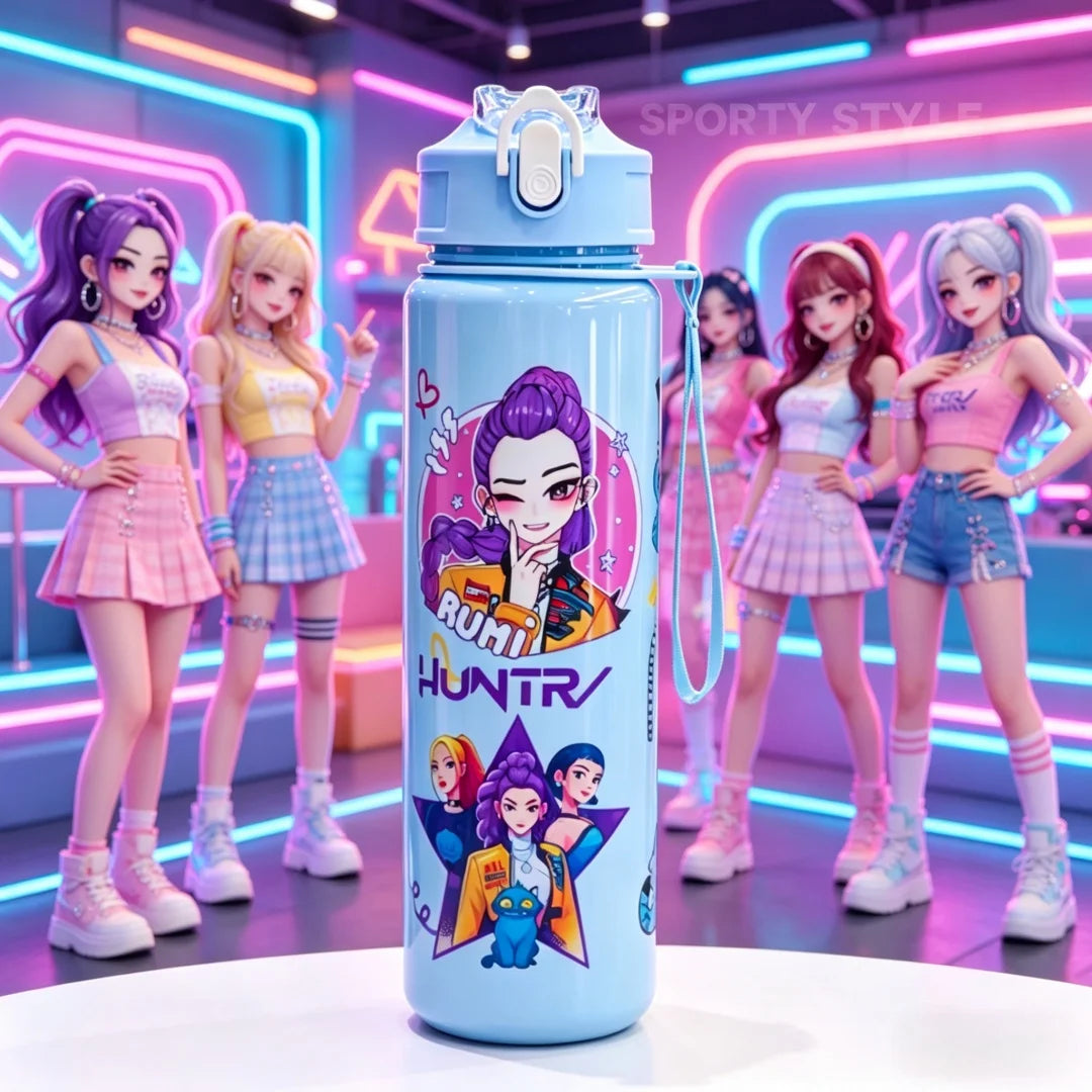 A light blue cartoon character water bottle with a strap, displayed in a brightly lit studio setting.