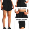 Black women's quick-dry sports running shorts featuring two zip pockets, adjustable waistband, and split hem design.