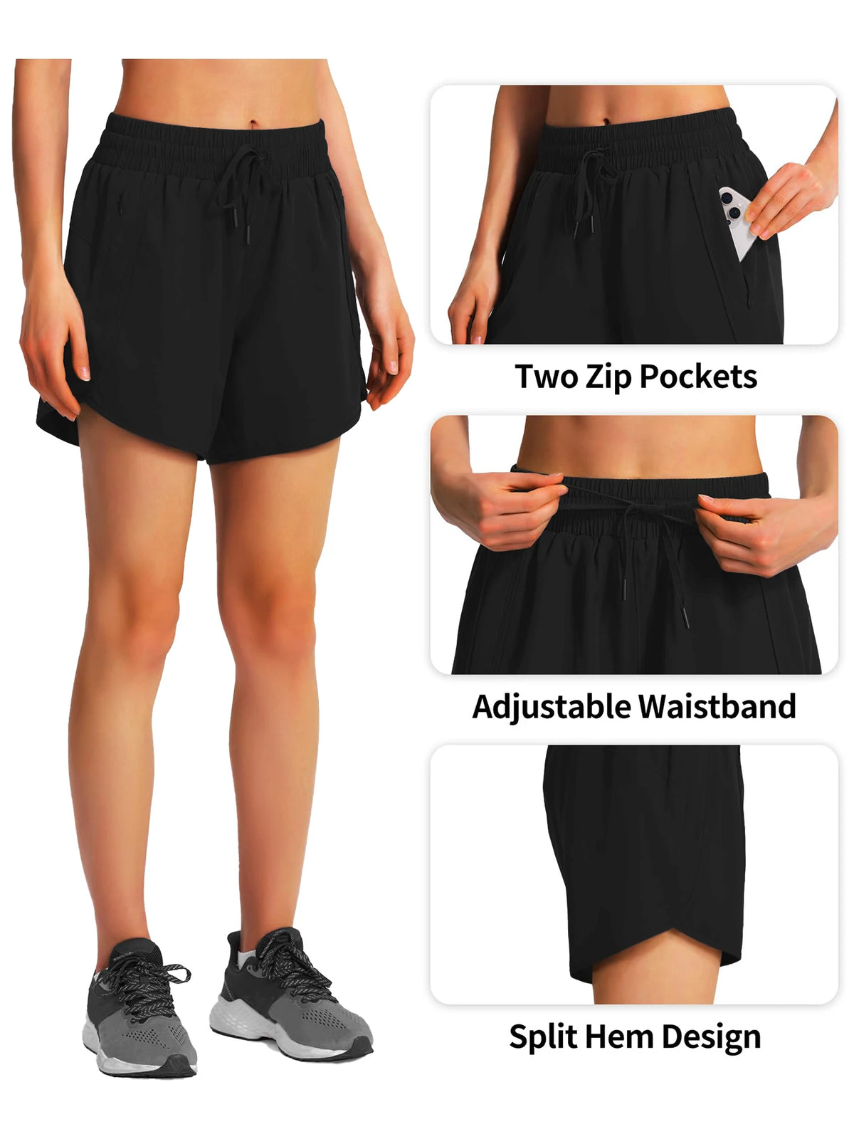 Black women's quick-dry sports running shorts featuring two zip pockets, adjustable waistband, and split hem design.