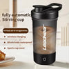 A black electric stirring cup with a clear body is shown, featuring a sports cup cover and wireless charging capability.