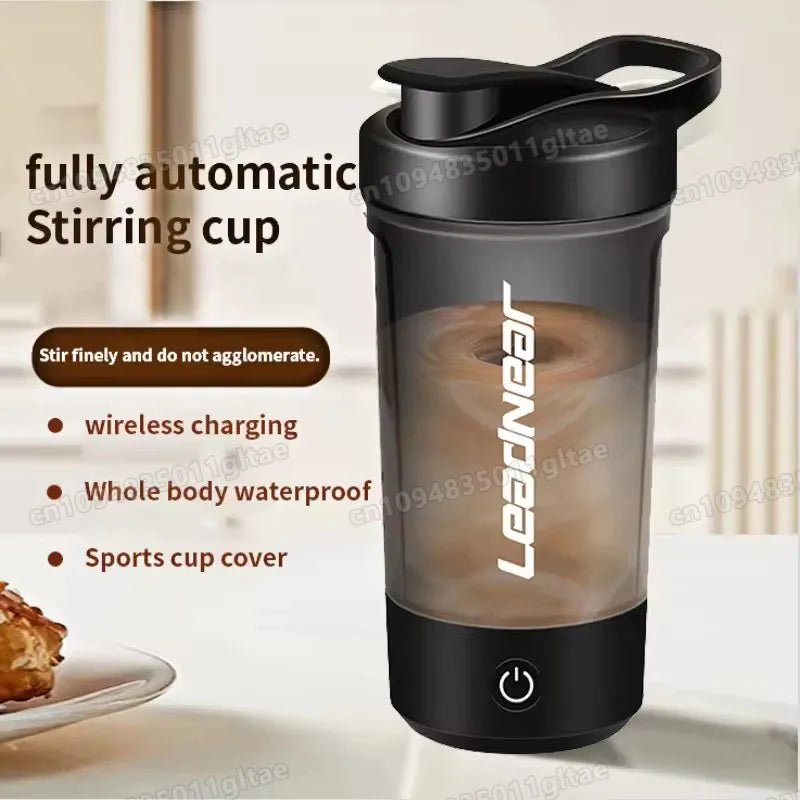 A black electric stirring cup with a clear body is shown, featuring a sports cup cover and wireless charging capability.