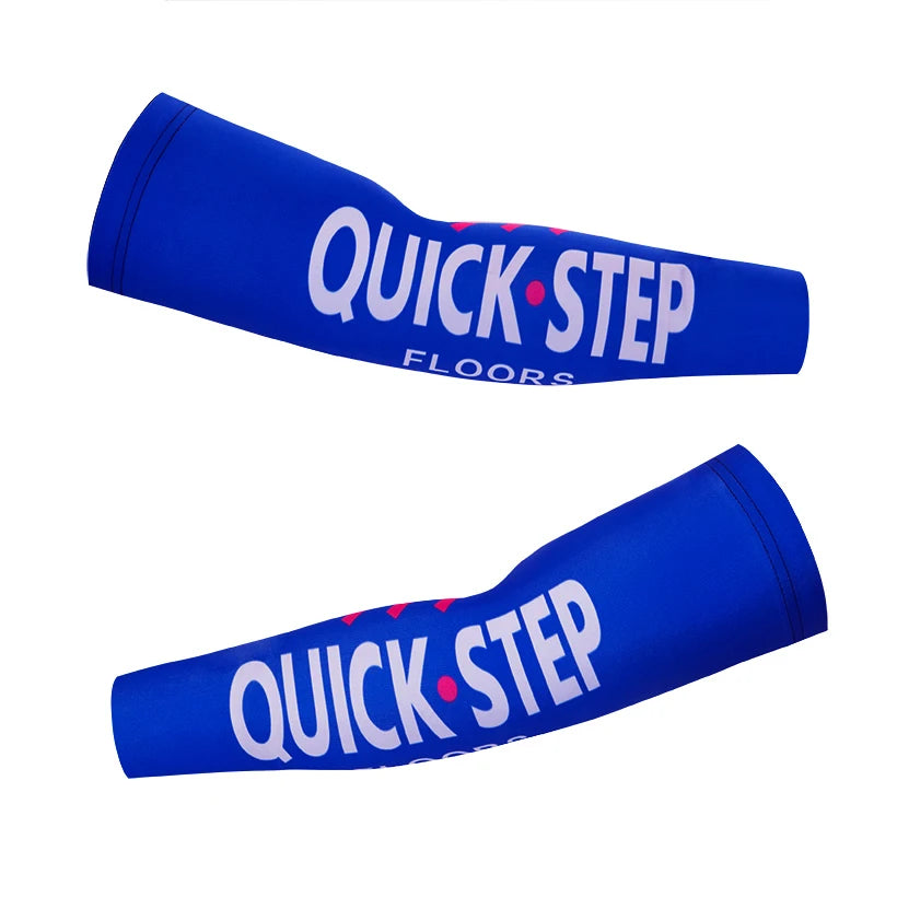 Blue quick step floors arm warmers shown in a horizontal view