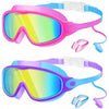 Pink and purple kids swim goggles with earplugs and nose clip