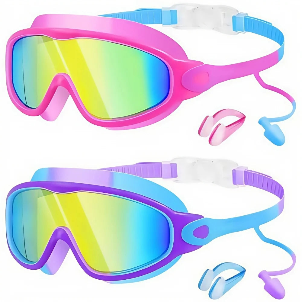 Pink and purple kids swim goggles with earplugs and nose clip