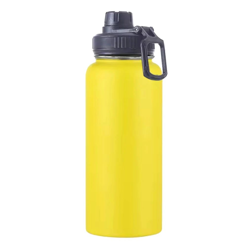 A bright yellow insulated stainless steel vacuum water bottle with a black cap and handle.