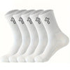 A pack of white men's high-cut breathable casual crew socks with cross patterns.
