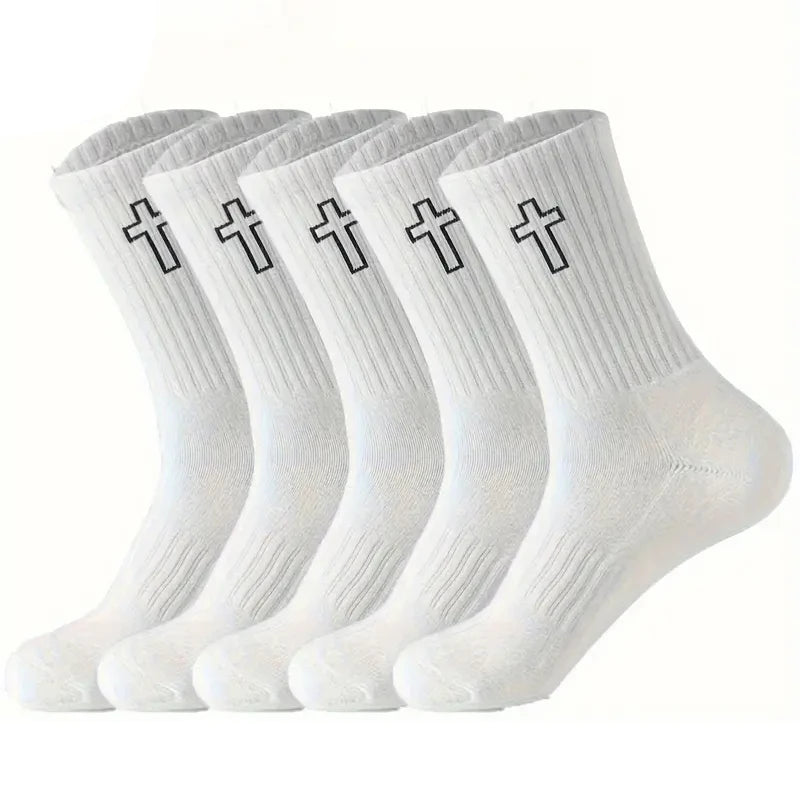 A pack of white men's high-cut breathable casual crew socks with cross patterns.