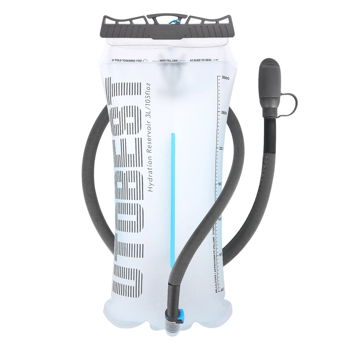 A white hydration reservoir with a black strap and blue tube, designed for durable water storage.