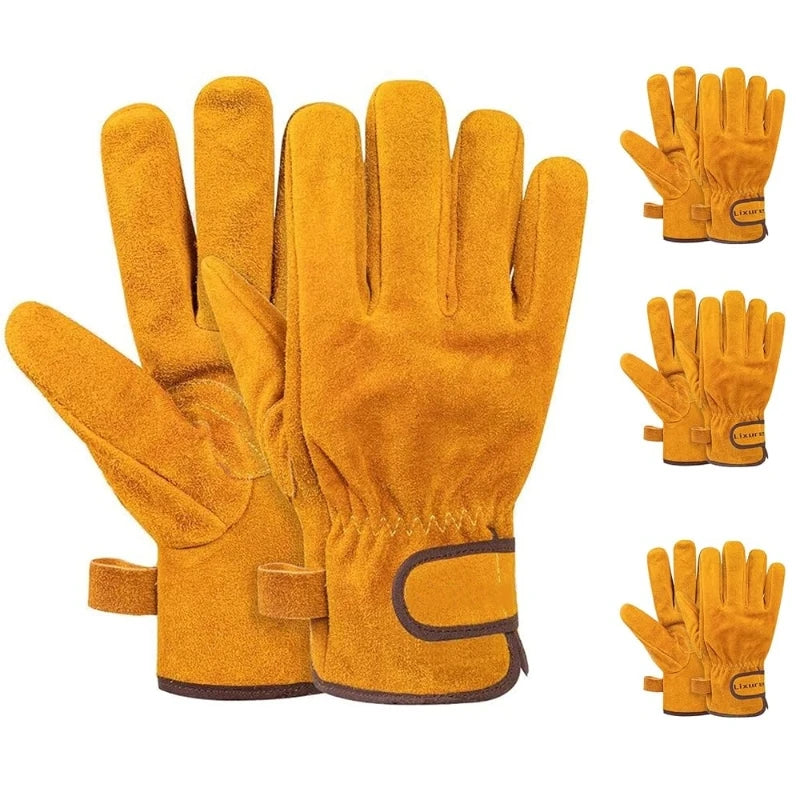 A set of heavy duty cowhide leather welding and work gloves in orange-yellow color shown from various angles.