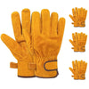 A set of heavy duty cowhide leather welding and work gloves in orange-yellow color shown from various angles.