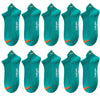 A set of five teal ankle boat socks shown in various colors and angles.