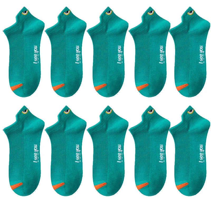 A set of five teal ankle boat socks shown in various colors and angles.