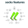 Diagram showing features of professional training football socks including antimicrobial protection, arch support, cushioning