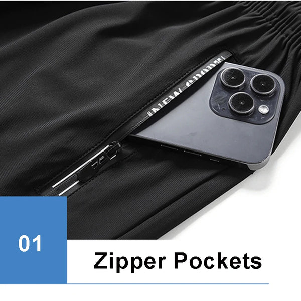Close-up of a black athletic short featuring a zippered pocket and a smartphone inside.