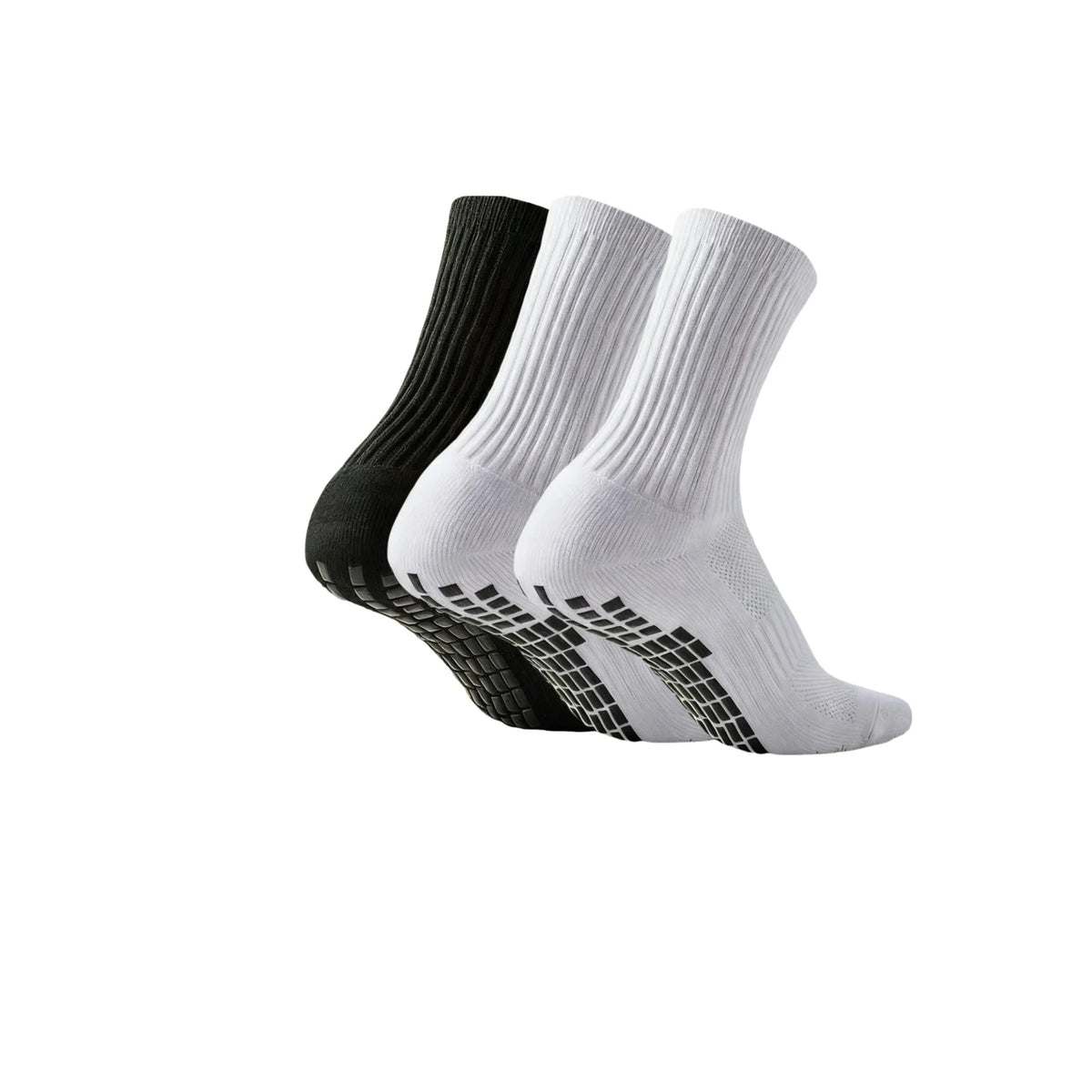 Un set de trois chaussettes de football en silicone antidérapantes noires et blanches.