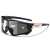 Black photochromic sports sunglasses with a gold sun graphic and orange text on the frame