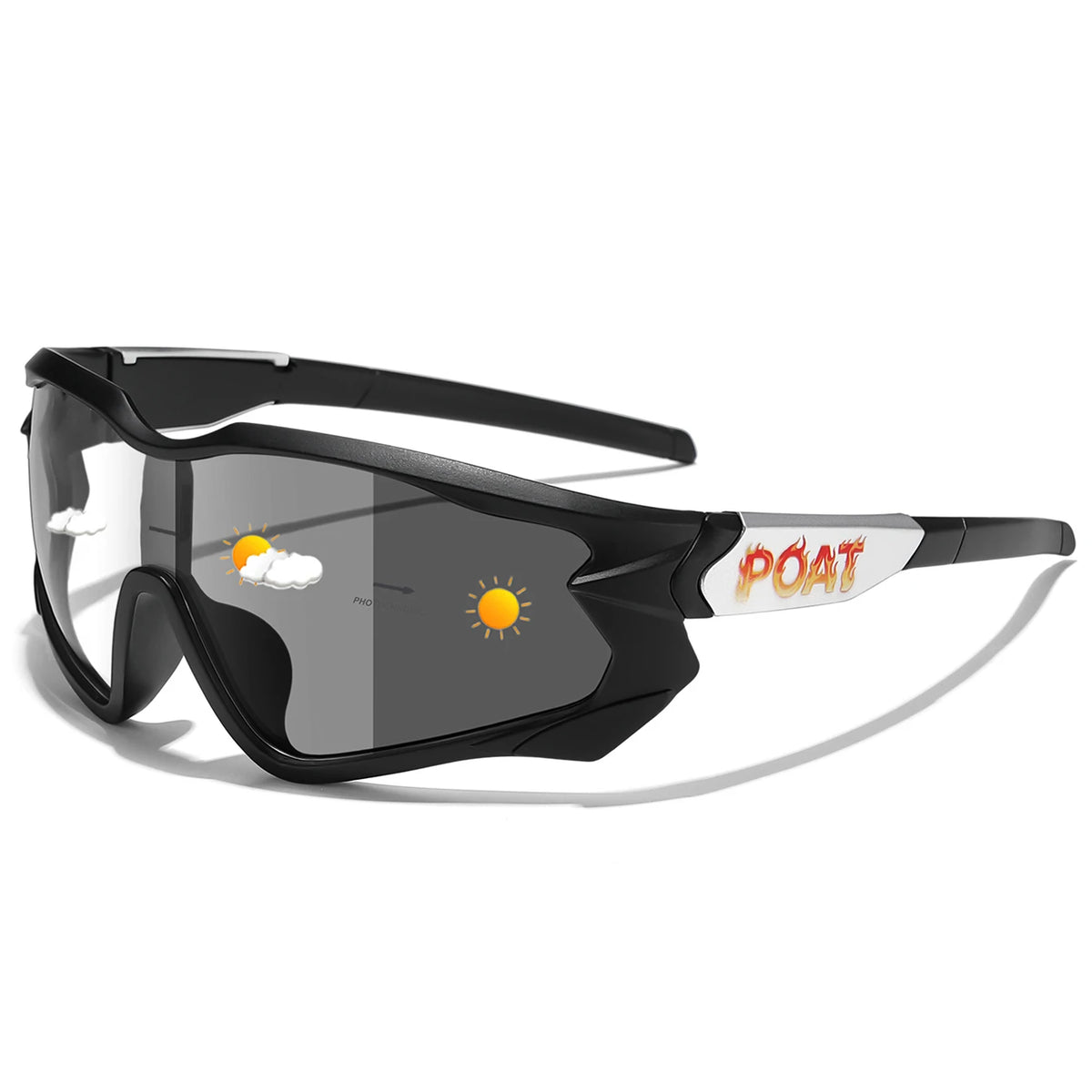 Black photochromic sports sunglasses with a gold sun graphic and orange text on the frame
