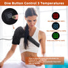 A woman is using a black electric heating wrap on her shoulder, demonstrating its three temperature settings.