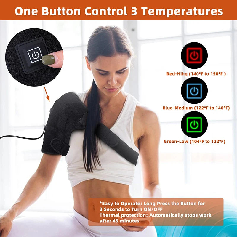 A woman is using a black electric heating wrap on her shoulder, demonstrating its three temperature settings.