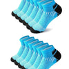A set of athletic knit ankle socks for men in various shades of blue and black.