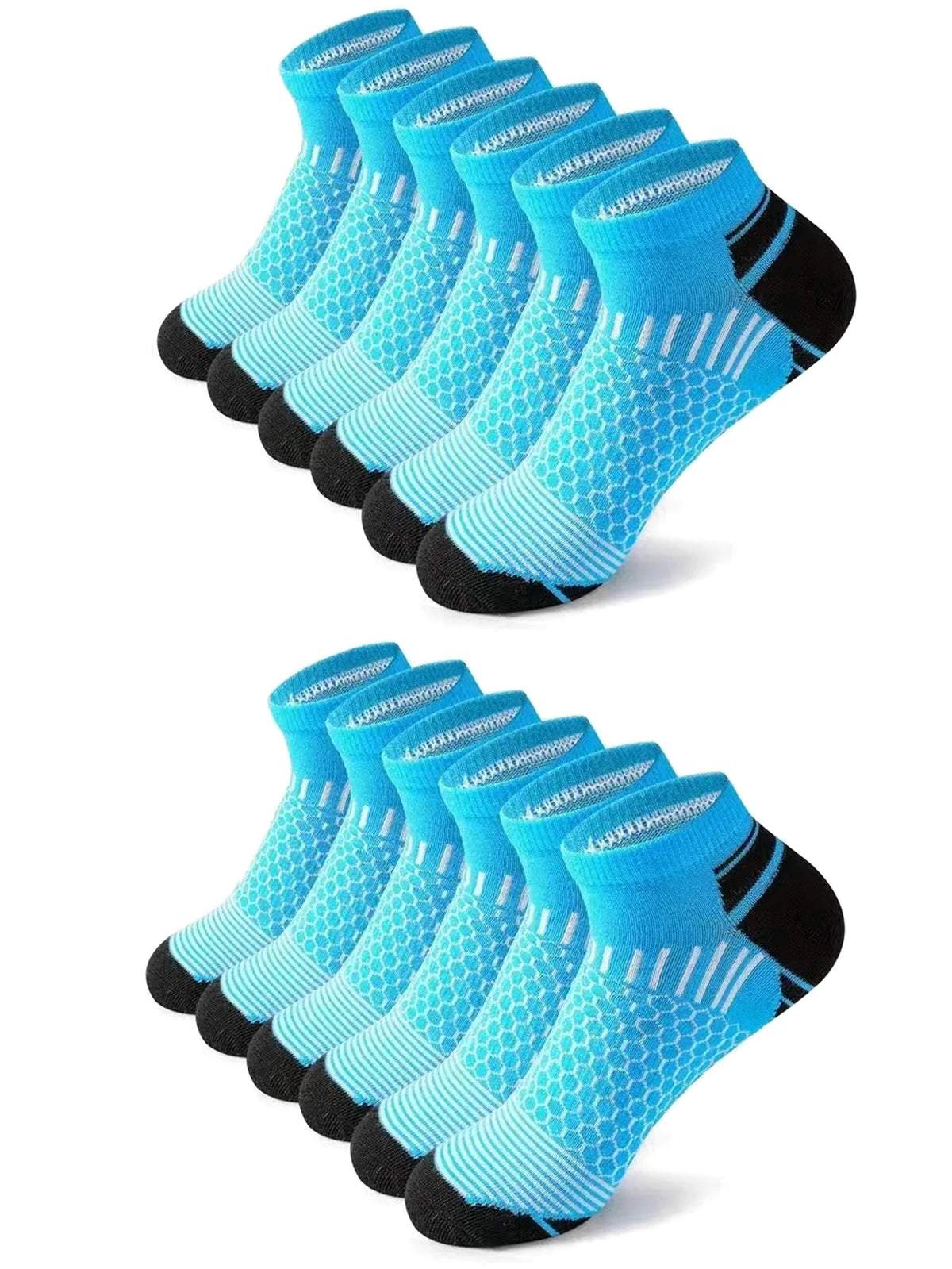 A set of athletic knit ankle socks for men in various shades of blue and black.