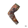 A close-up of a reusable stretch tattoo arm sleeve featuring intricate orange and black tribal patterns on a dark background.