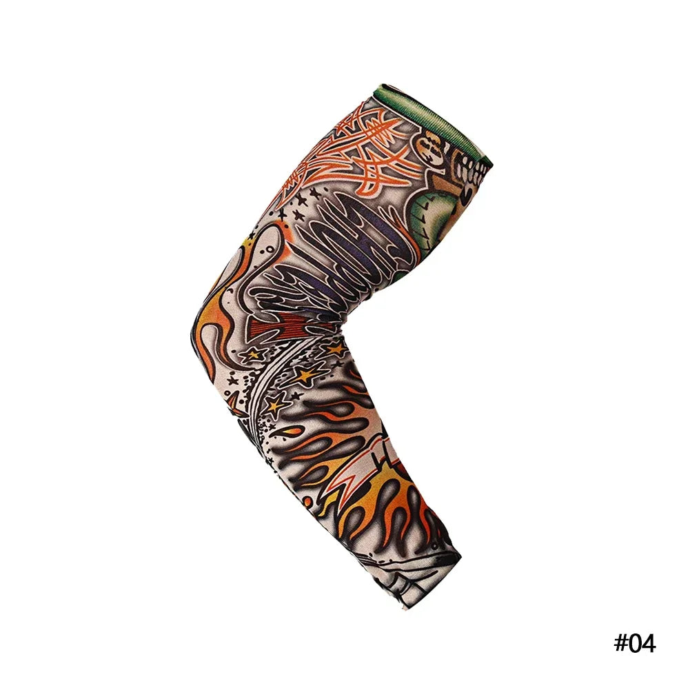 A close-up of a reusable stretch tattoo arm sleeve featuring intricate orange and black tribal patterns on a dark background.