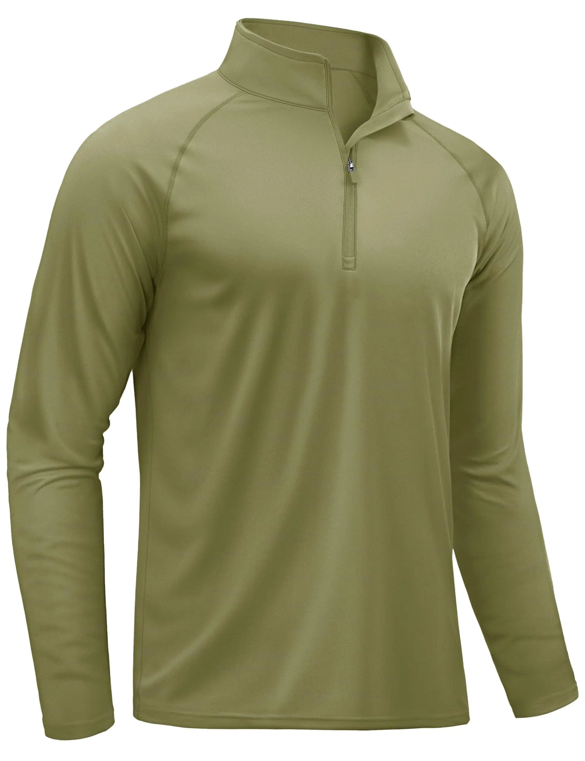 Olive green men's lightweight UV protection long sleeve shirt with a quarter-zip collar