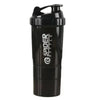 A black portable protein shaker cup with a screw-on cap.