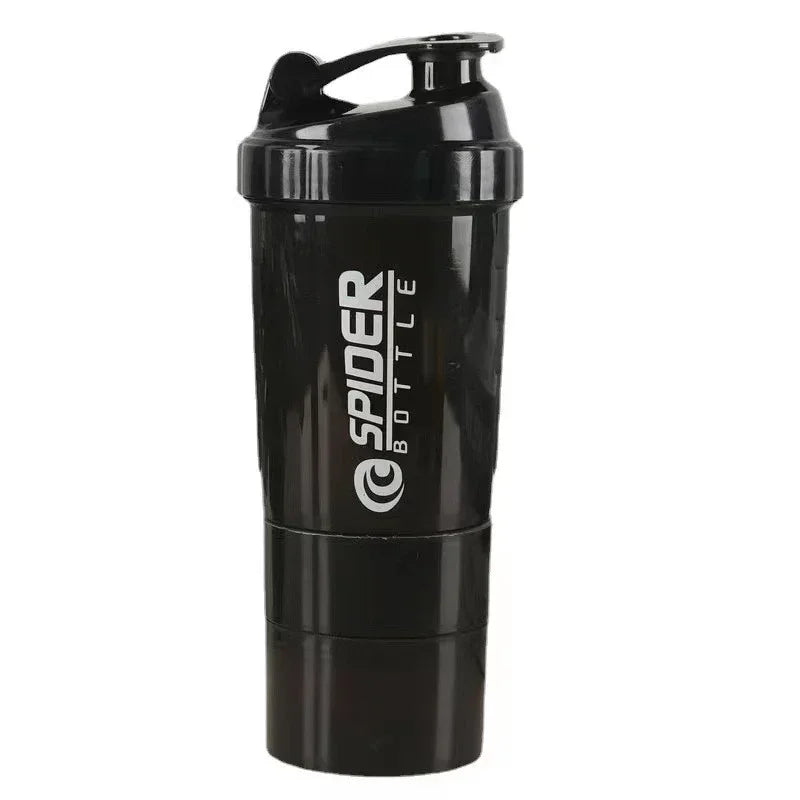 A black portable protein shaker cup with a screw-on cap.
