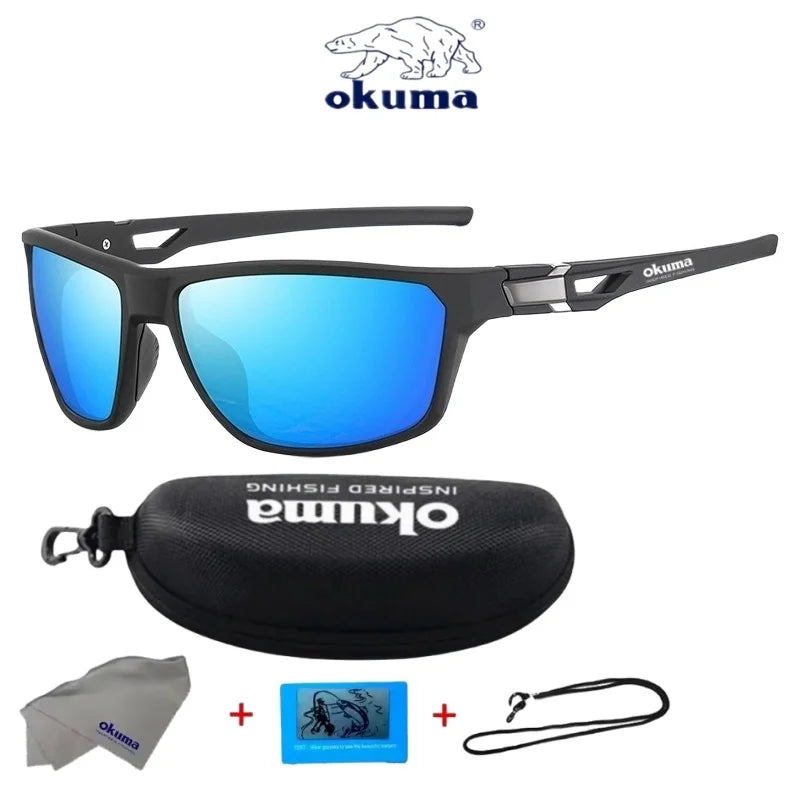 A pair of black Okuma polarized sports sunglasses with blue lenses, a carrying case, and accessories.
