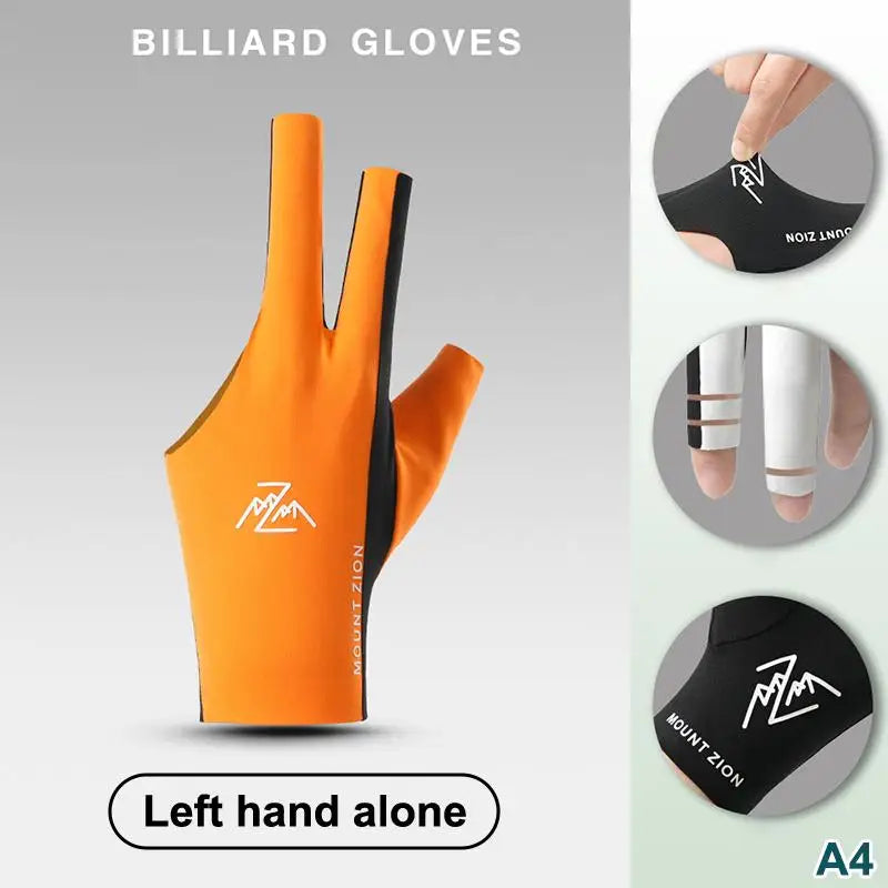 Orange billiard gloves shown on a hand, with a close-up of the palm and fingers.